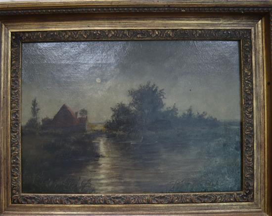 19th century English school, oil on canvas, Moonlit landscape with figure in a rowing boat, 22 x 32cm
